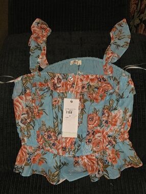 Floral Ruffled Smocked Blue Tank Top